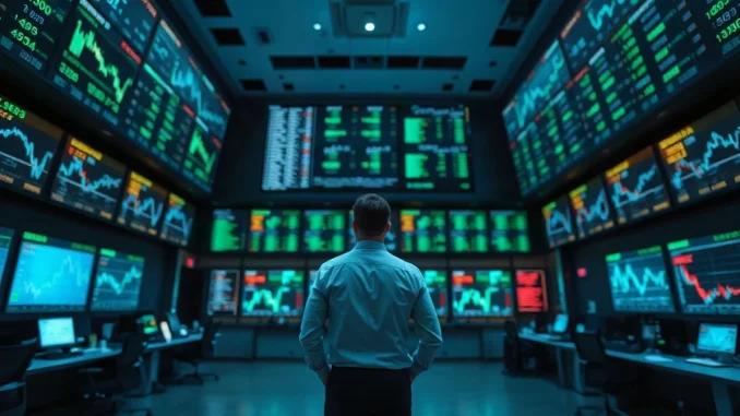 Lone trader watching index and commodity charts on a dimly lit derivatives trading floor at night
