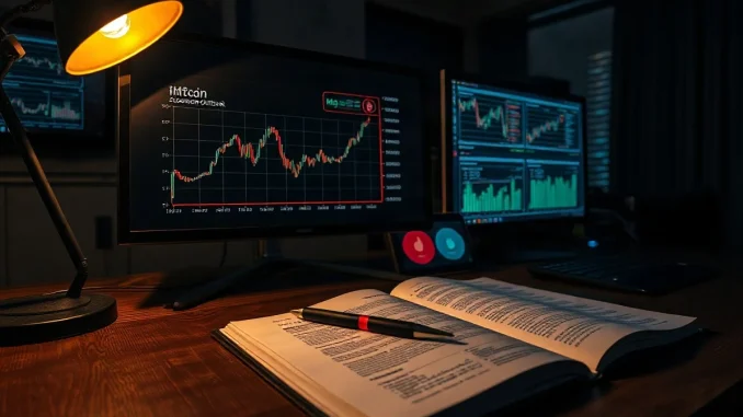 Analyst's desk with bond yield chart, bitcoin price chart and an open IMF World Economic Outlook report