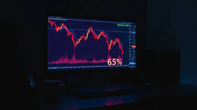 Red candle chart of Immutable's IMX falling on a trading monitor at night