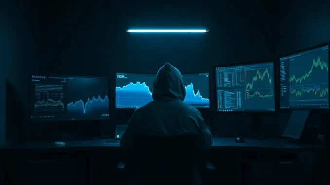 Engineer at monitors in a dark room with a flatlined network activity chart after a blockchain shutdown