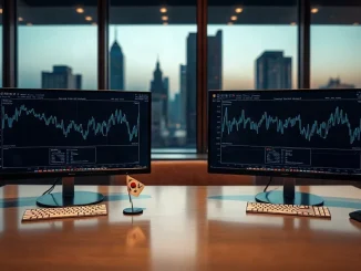 Institutional desk with blockchain network monitors and a Korean flag pin, illustrating Injective's KRW1 partnership