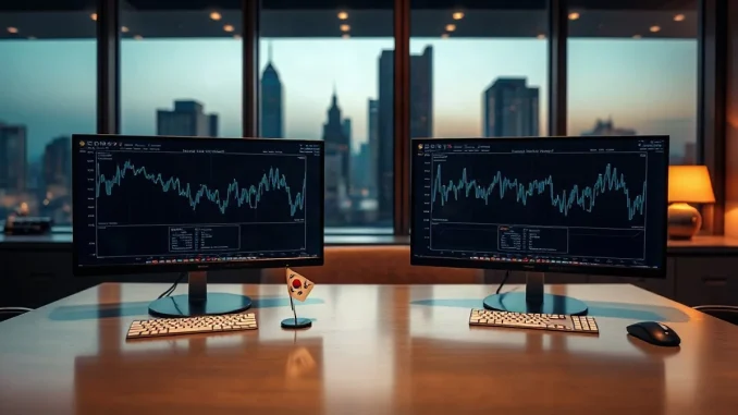 Institutional desk with blockchain network monitors and a Korean flag pin, illustrating Injective's KRW1 partnership