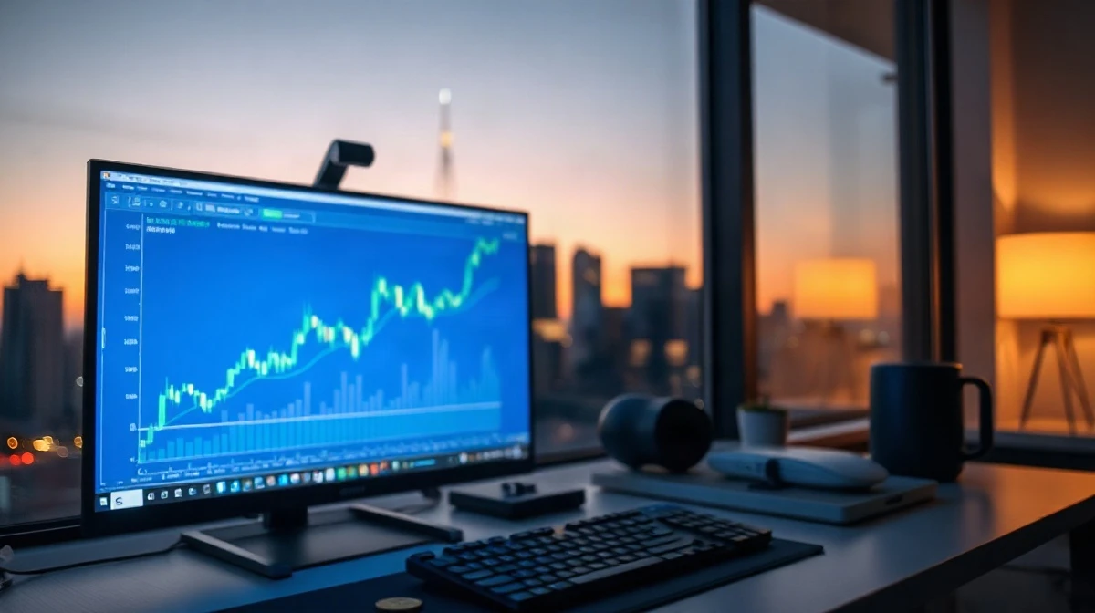 Trading desk monitor showing a green cryptocurrency price chart above a blurred coin