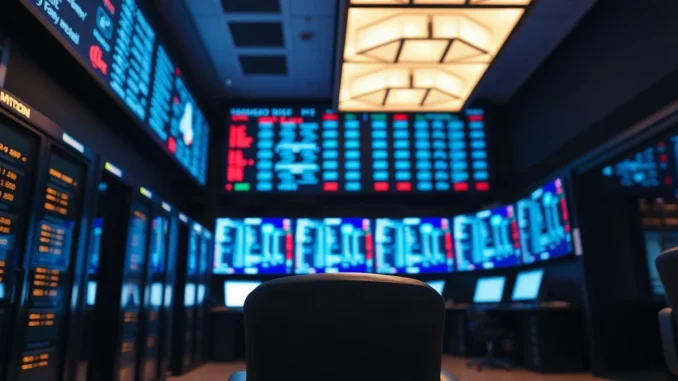 Trading floor with server racks and ticker screens representing tokenized stock trading