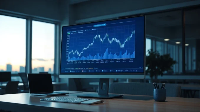 Trading desk monitor showing a blockchain network overlaid with an index chart