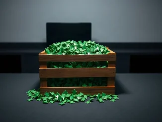 Crate of frog-shaped tokens representing Justin Sun's PEPE holdings on a dark table