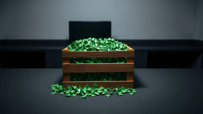 Crate of frog-shaped tokens representing Justin Sun's PEPE holdings on a dark table