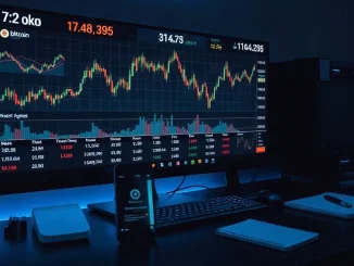 Monitor showing short-duration bitcoin price charts with a countdown timer and a phone displaying an up-or-down contract