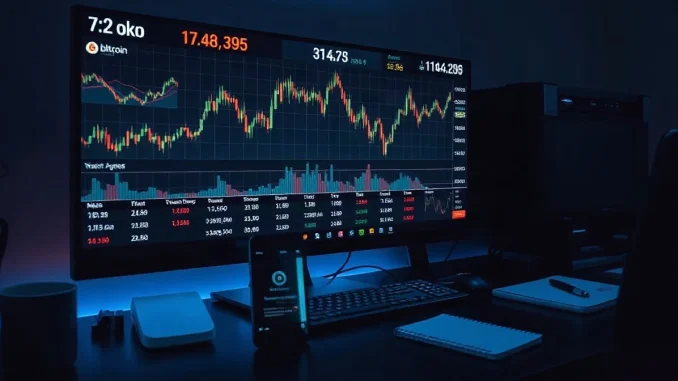 Monitor showing short-duration bitcoin price charts with a countdown timer and a phone displaying an up-or-down contract