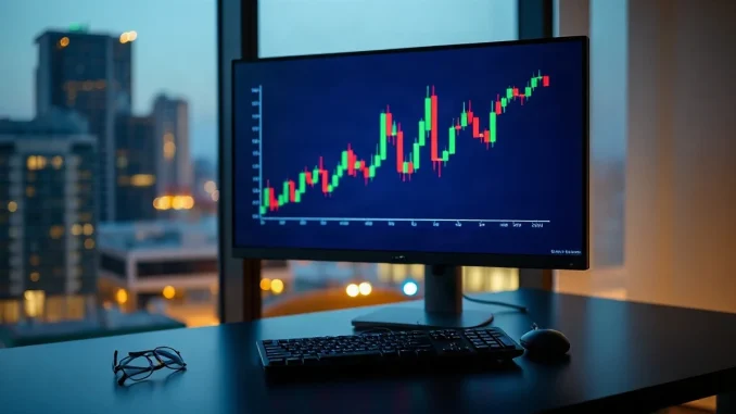 Institutional trading desk with a monitor showing market charts in a dim office at dusk