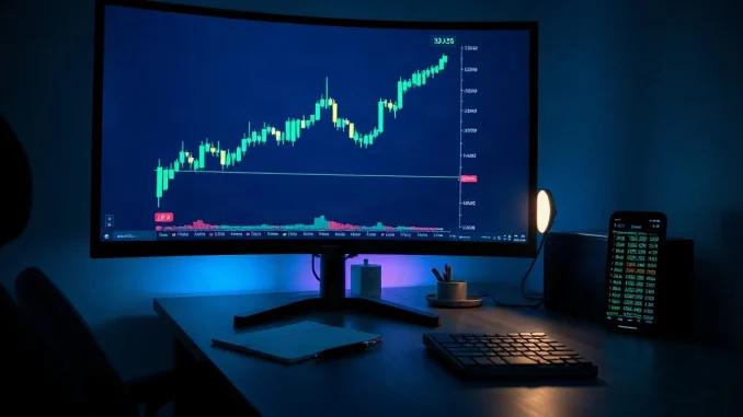 Trading monitor showing a rising candlestick chart and volume bars at night