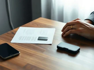 Hands arranging metal seed plate, phone and paper wallet at a desk beside a hardware wallet