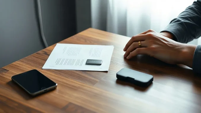 Hands arranging metal seed plate, phone and paper wallet at a desk beside a hardware wallet