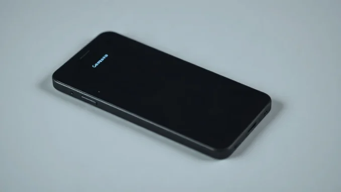 Phone-shaped Ledger Atom hardware signer with glowing status bar on a grey studio surface