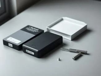 A hardware crypto wallet and open packaging on a desk beside a screwdriver