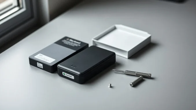 A hardware crypto wallet and open packaging on a desk beside a screwdriver