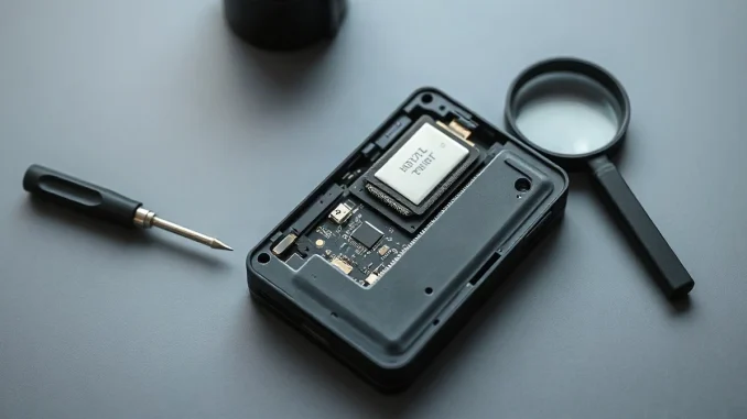 Opened black hardware wallet on a workbench beside a screwdriver and magnifying loupe