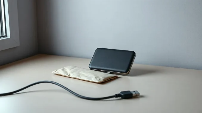 A black hardware crypto wallet on a desk beside a shipping envelope and a disconnected USB cable