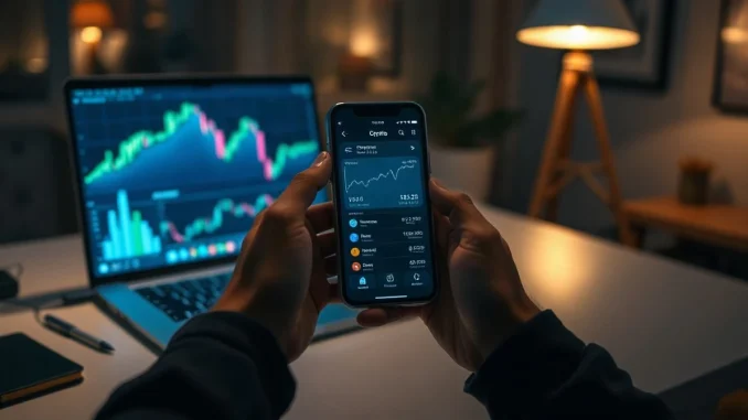 Hands holding a smartphone showing a crypto wallet app in a dimly lit office