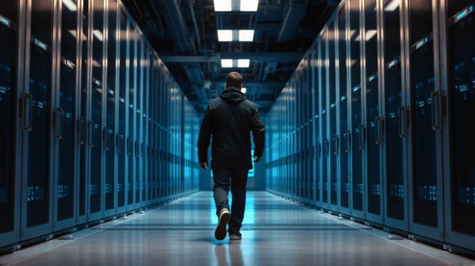 Server racks in a dim data center aisle lit by blue indicator lights