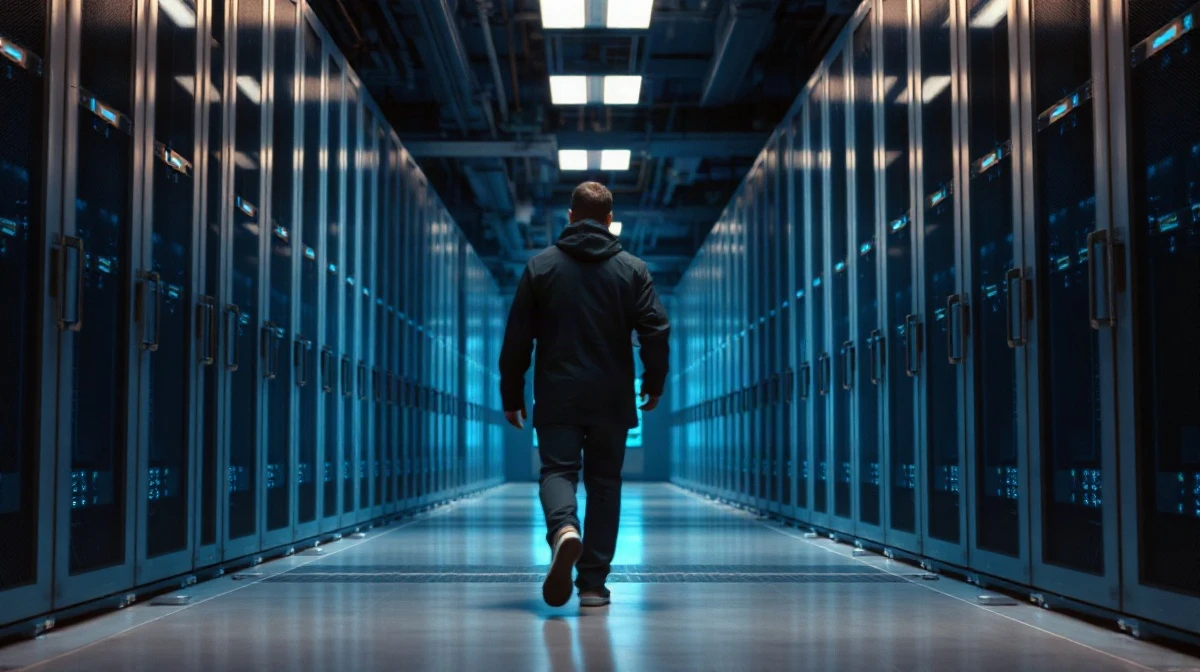 Server racks in a dim data center aisle lit by blue indicator lights