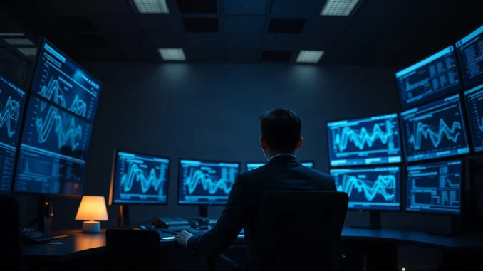 Analyst monitoring blockchain settlement screens in a dimly lit central bank operations room at night