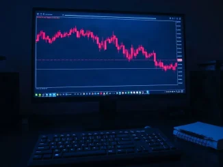 Trading monitor showing a falling red candlestick chart with a broken support line