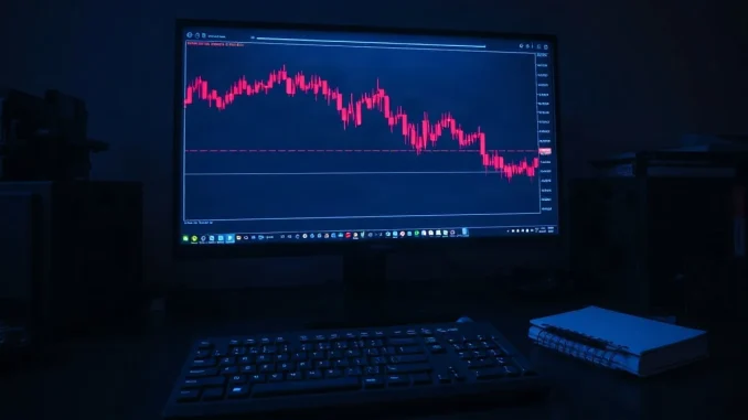 Trading monitor showing a falling red candlestick chart with a broken support line