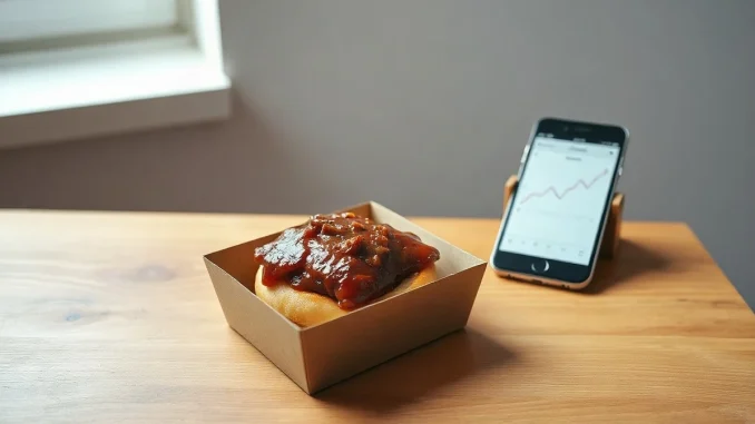 Barbecue pork sandwich in an open box beside a phone showing a price chart