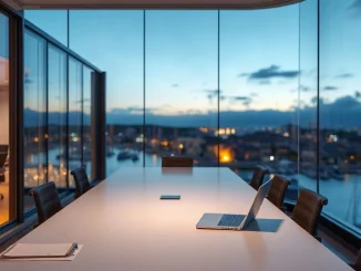 Modern glass-walled insurance office conference room at dusk overlooking Bermuda waterfront