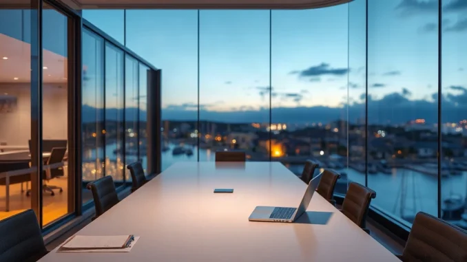 Modern glass-walled insurance office conference room at dusk overlooking Bermuda waterfront