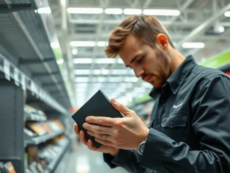 Retail employee removing a boxed hardware wallet from a store shelf display