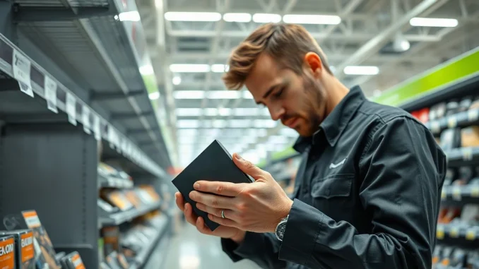 Retail employee removing a boxed hardware wallet from a store shelf display
