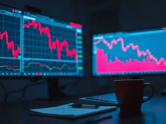 Dark trading desk with red crypto price charts on computer monitors.