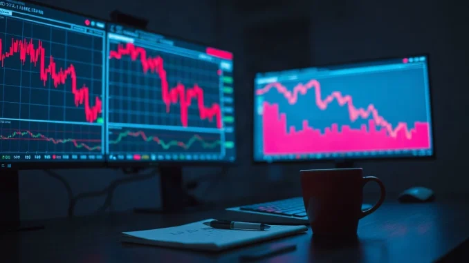 Dark trading desk with red crypto price charts on computer monitors.