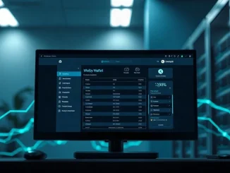 Crypto wallet interface on a monitor with network lines fading toward a server rack, illustrating a staking security response.