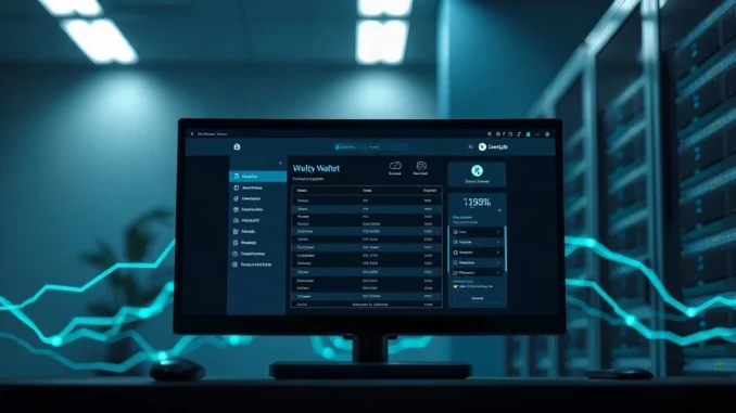 Crypto wallet interface on a monitor with network lines fading toward a server rack, illustrating a staking security response.