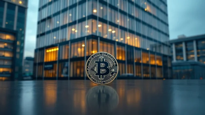 Tokyo office tower at dusk with a Bitcoin token on a conference table in the foreground