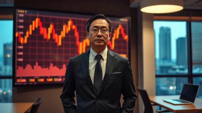 Tokyo business executive in an office with an abstract chart display on the wall