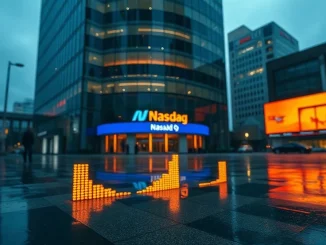 Digital ticker board glowing at a Nasdaq exchange building at dusk, symbolizing a new Bitcoin treasury listing