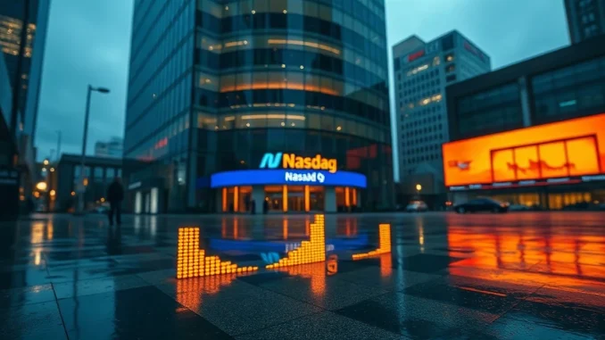Digital ticker board glowing at a Nasdaq exchange building at dusk, symbolizing a new Bitcoin treasury listing