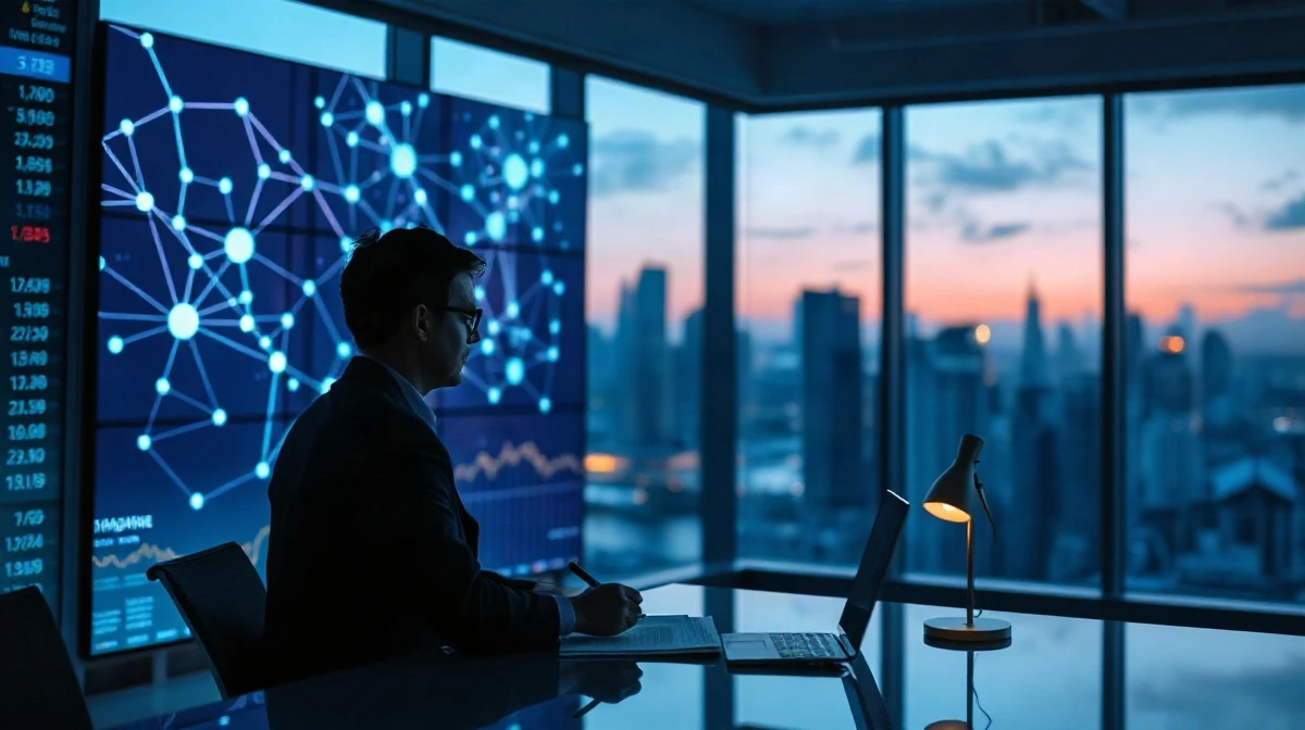 Institutional trading desk at dusk with blockchain network graphics on a monitor wall and a skyline behind glass.