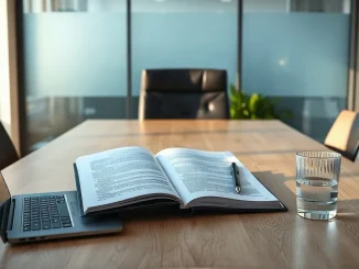 Printed regulatory filing folder and laptop on a boardroom table in a fintech office