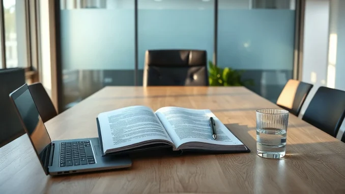 Printed regulatory filing folder and laptop on a boardroom table in a fintech office