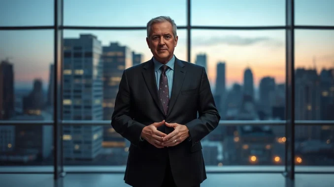 Business executive standing in a glass office lobby with a blurred city skyline behind him at dusk