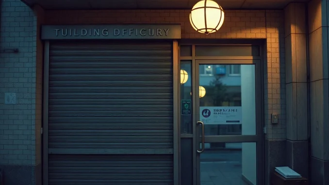 Closed Tokyo office building exterior at dusk representing the Mt. Gox rehabilitation estate.