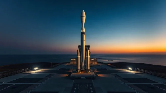 Reusable rocket standing on a coastal launch pad at dusk under floodlights