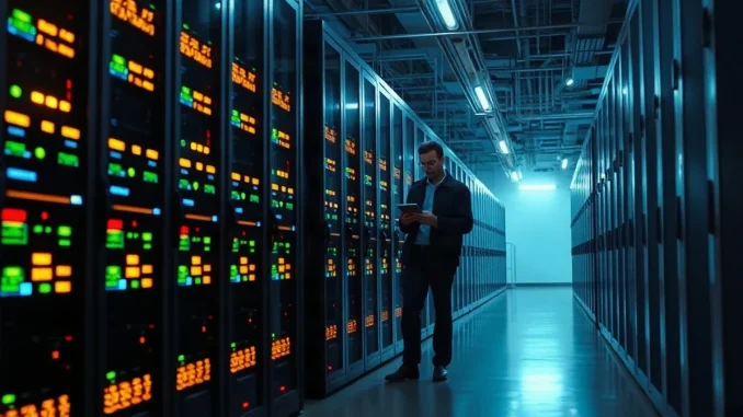 Data center server aisle with indicator lights, illustrating AI cloud provider infrastructure