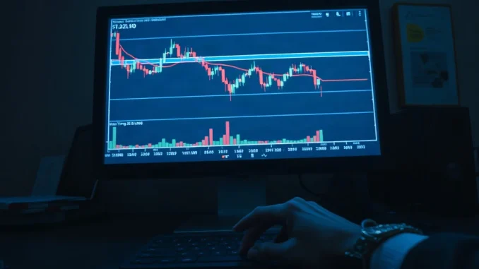 Candlestick chart of a falling crypto price with a support band highlighted and moving-average lines above