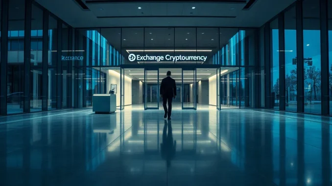 Modern crypto exchange headquarters lobby at dusk with a business professional walking past glass doors